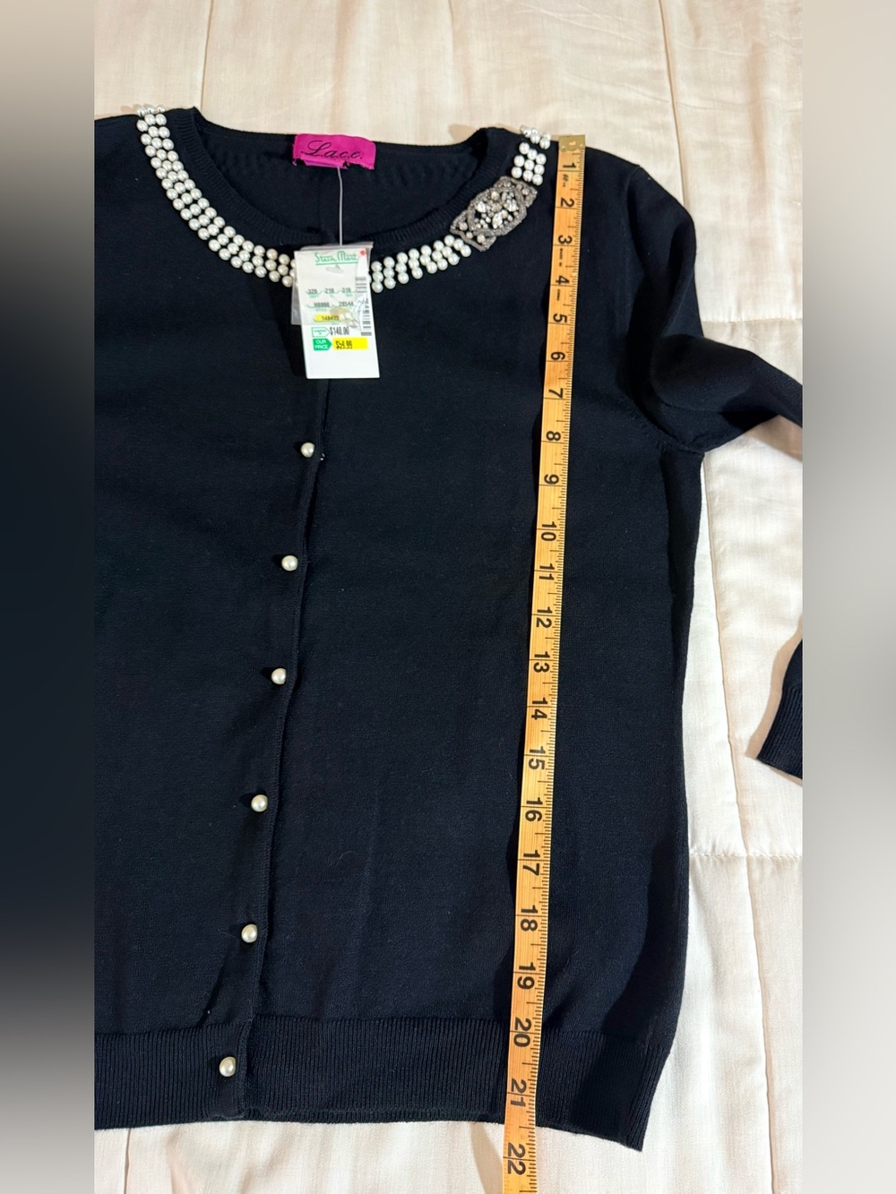 Vintage NWT LACE black cardigan 50’s inspired silk blend pearl rhinestones chic - Picture 10 of 11